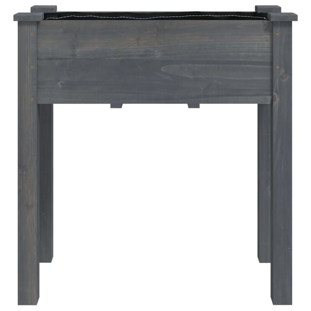 Eine graue Holzblumenkasten mit Beinen. Es gibt einen schwarzen Liner.