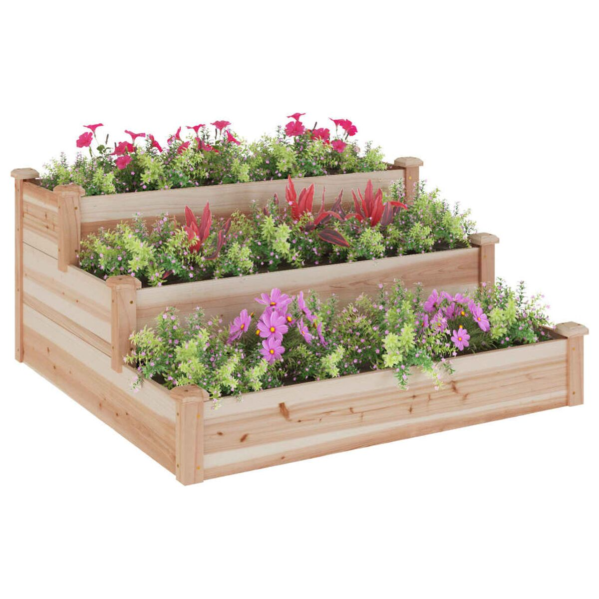 Mehrstufiger Pflanzkasten aus Holz mit bunten Blumen und Pflanzen. Weißer Hintergrund.