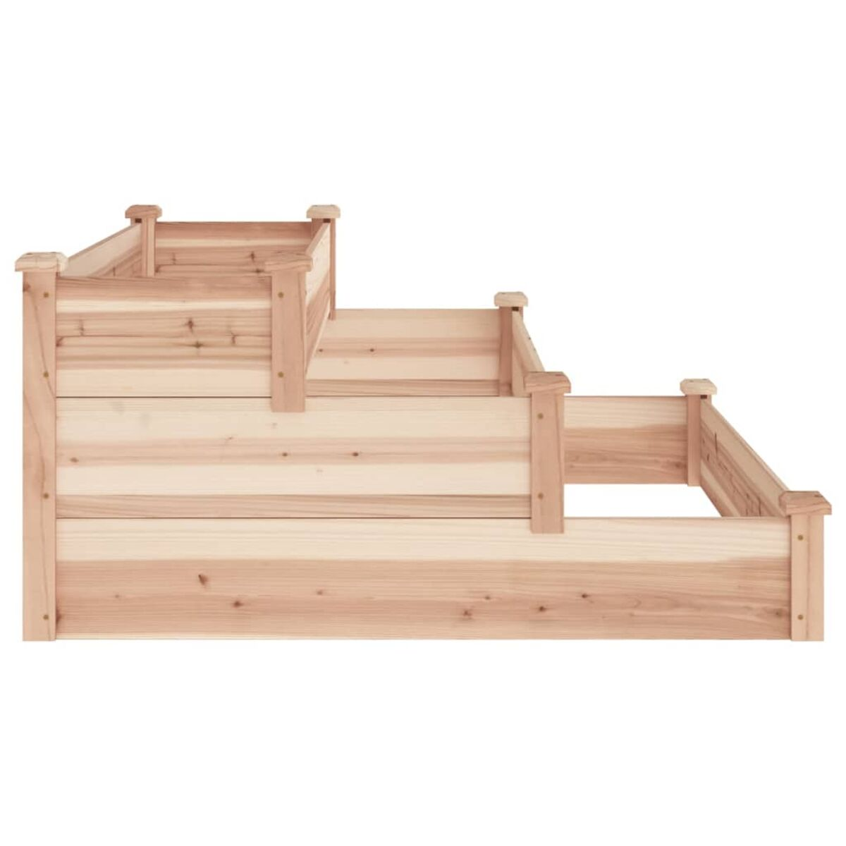 Hochbeet aus Holz mit drei Ebenen, helle Holzfarbe und sichtbarer Konstruktion.