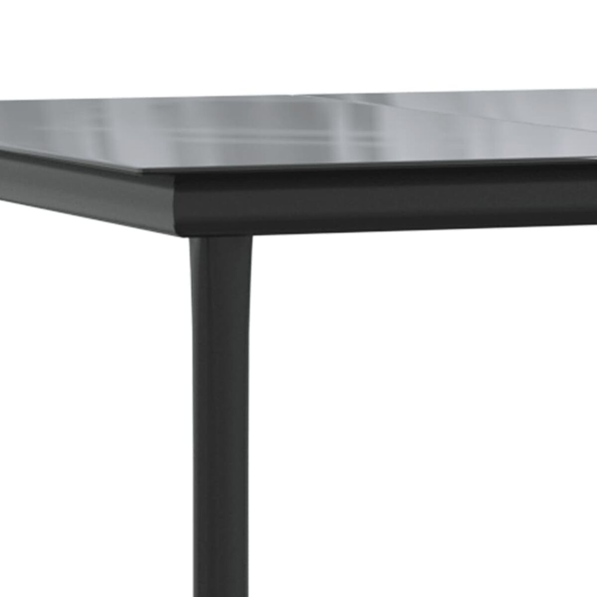 Primo piano di un angolo di tavolo nero. Gamba nera. Sfondo bianco. Design moderno.