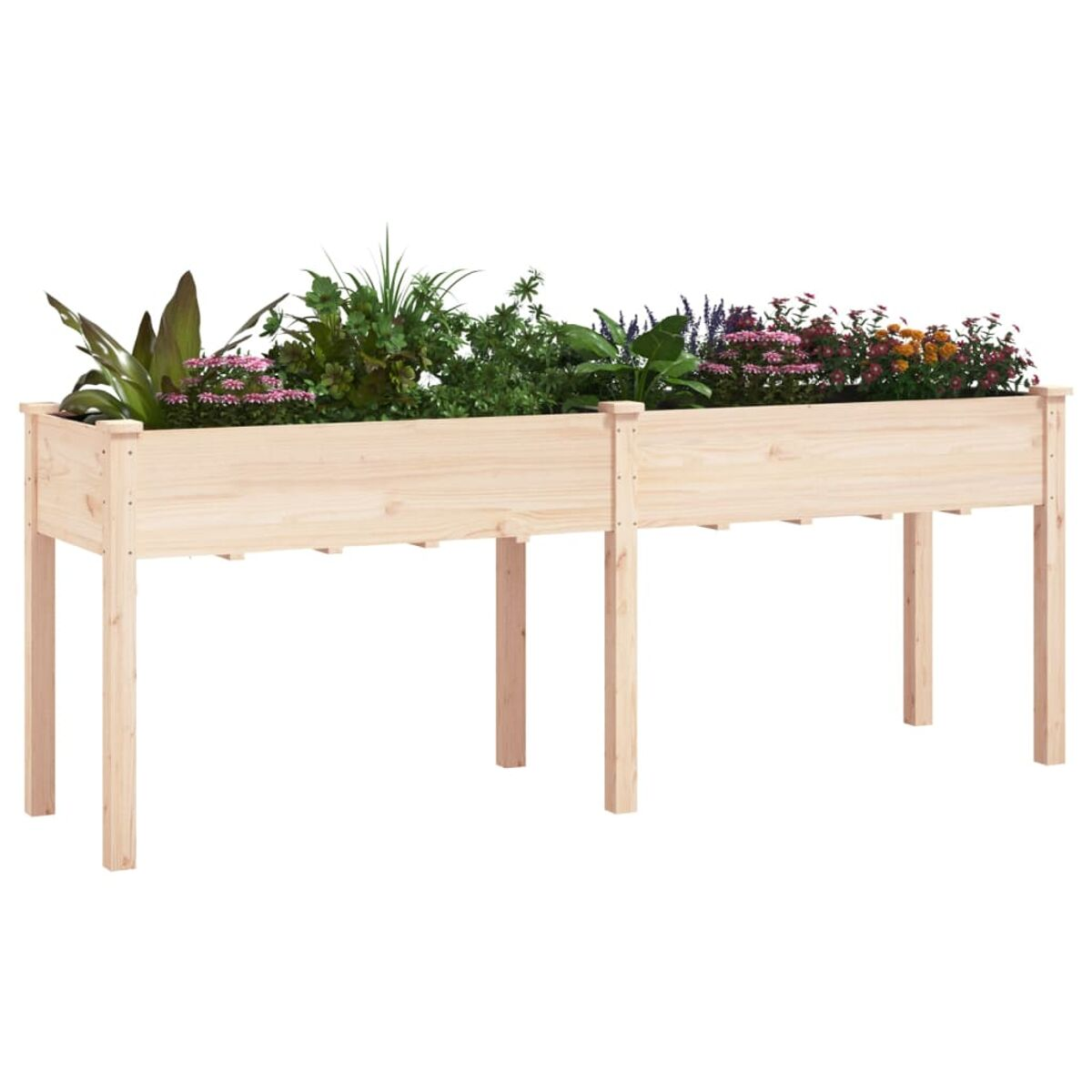 Ein Holzpflanzer gefüllt mit verschiedenen Blumen und Pflanzen.
