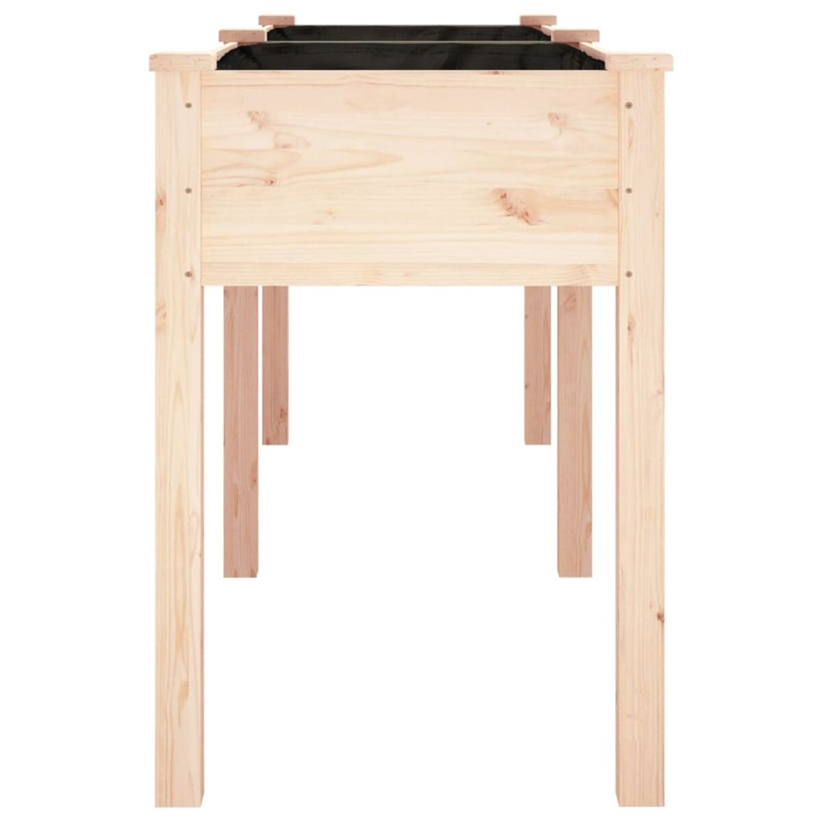 Holzkasten mit vier Beinen. Es hat einen schwarzen Liner innen.