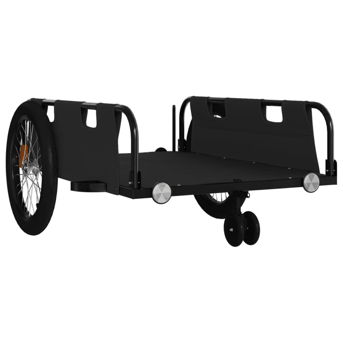 Ein schwarzer Anhänger mit Rad, zwei kleinen Rädern und zwei Sitzen.