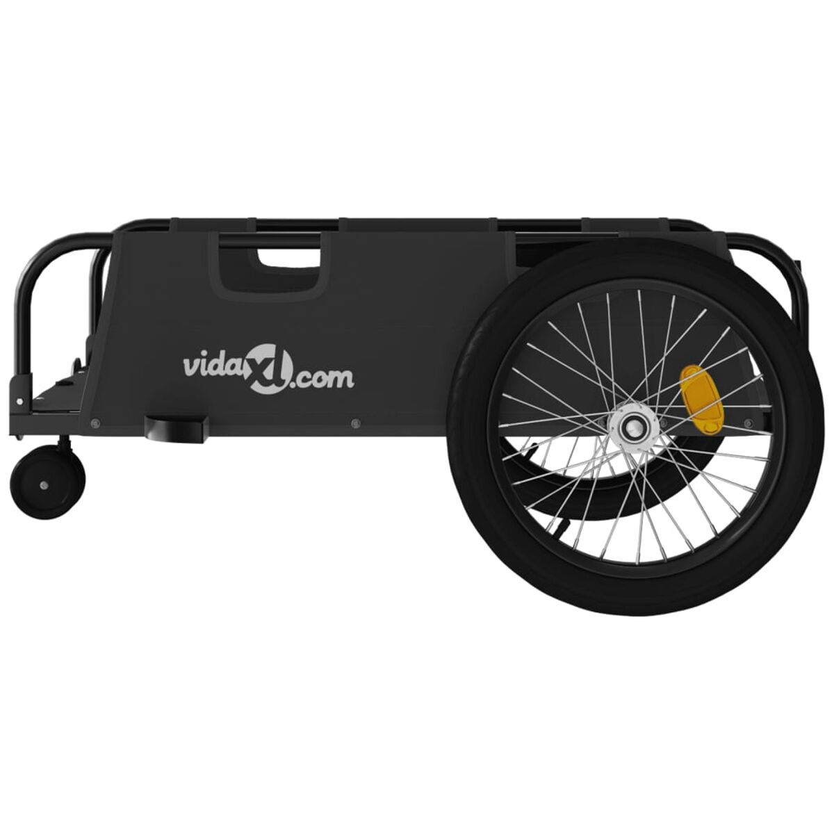 Ein schwarzer Fahrradanhänger mit einem großen Rad und einem kleinen Rad, mit dem vidaXL-Logo.