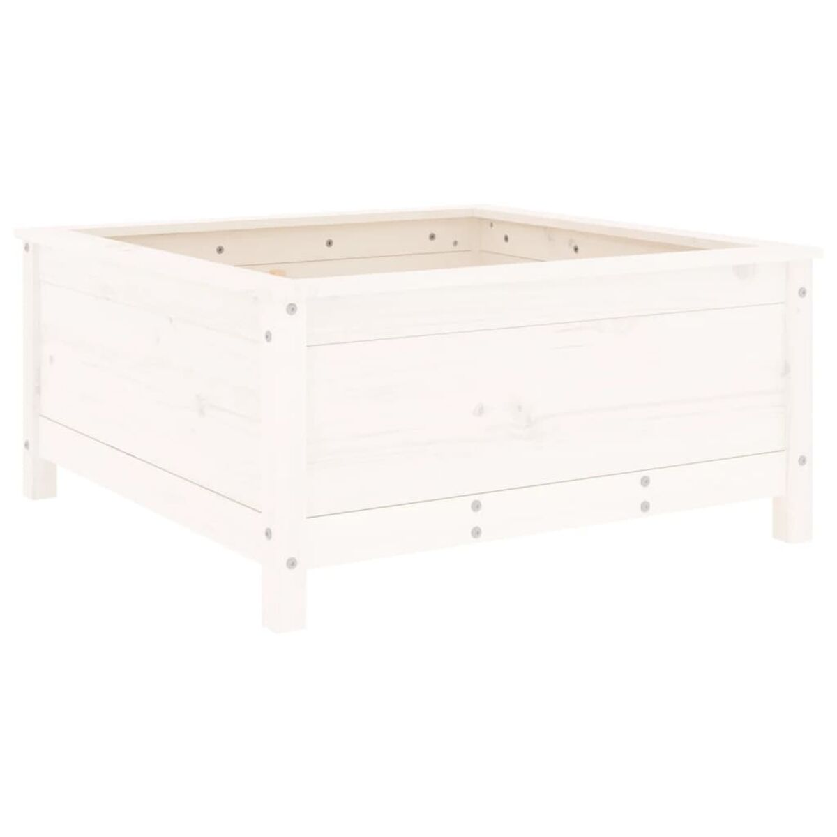 Quadratischer Pflanzkasten aus weißem Holz. Einfaches Design mit vier Beinen.