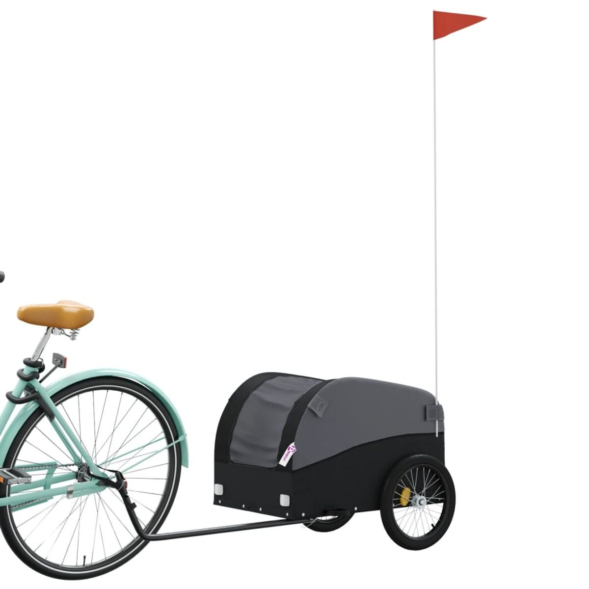 Ein Fahrrad mit Anhänger. Der Anhänger hat eine Flagge und einen schwarzen Deckel.