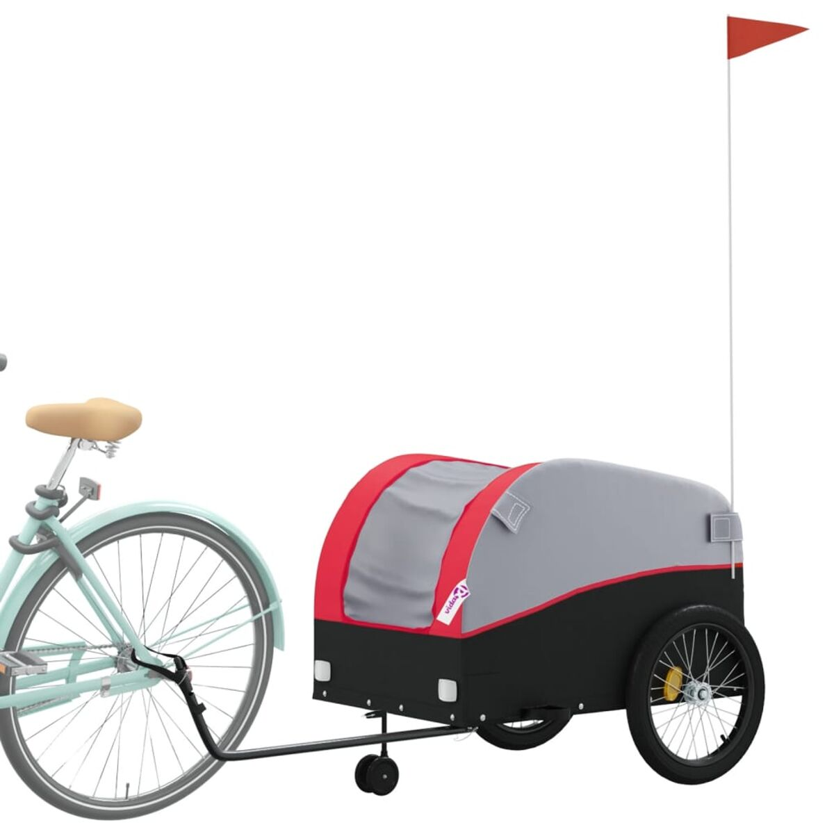 Ein Fahrrad mit einem Anhänger. Der Anhänger ist grau und rot mit einer roten Fahne oben.