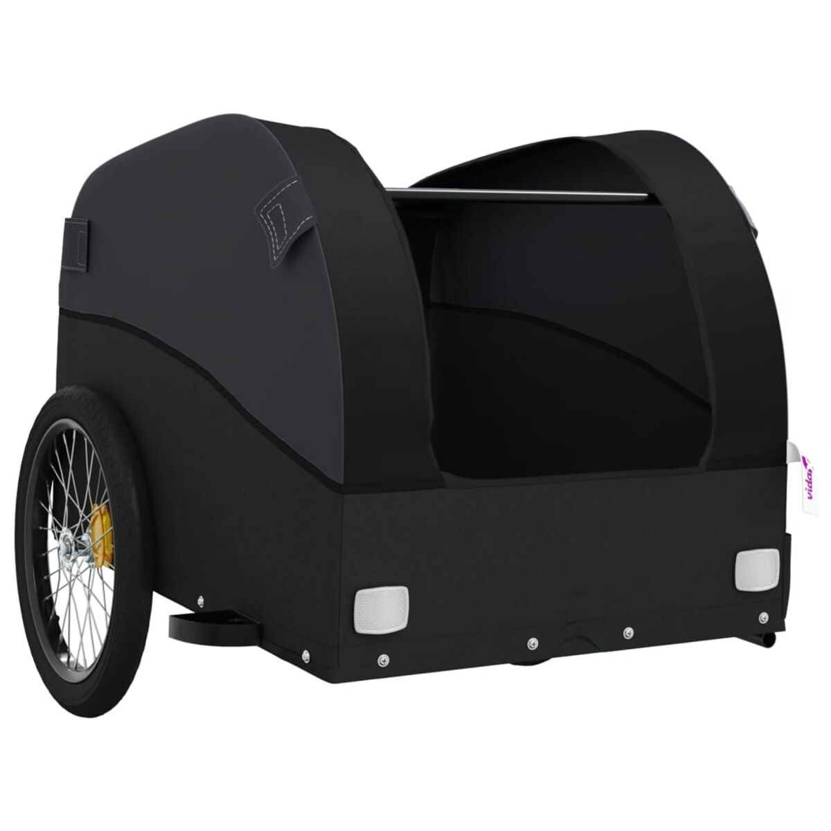 Schwarzer Fahrradanhänger mit einem Rad. Er hat ein bedecktes Oberteil.