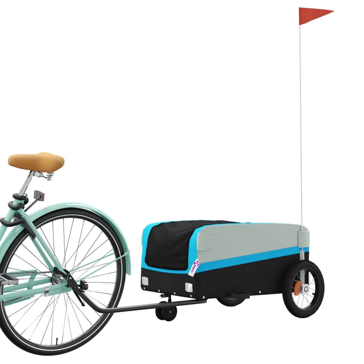 Ein türkisblaues Fahrrad zieht einen schwarz-grauen Anhänger mit roter Flagge.
