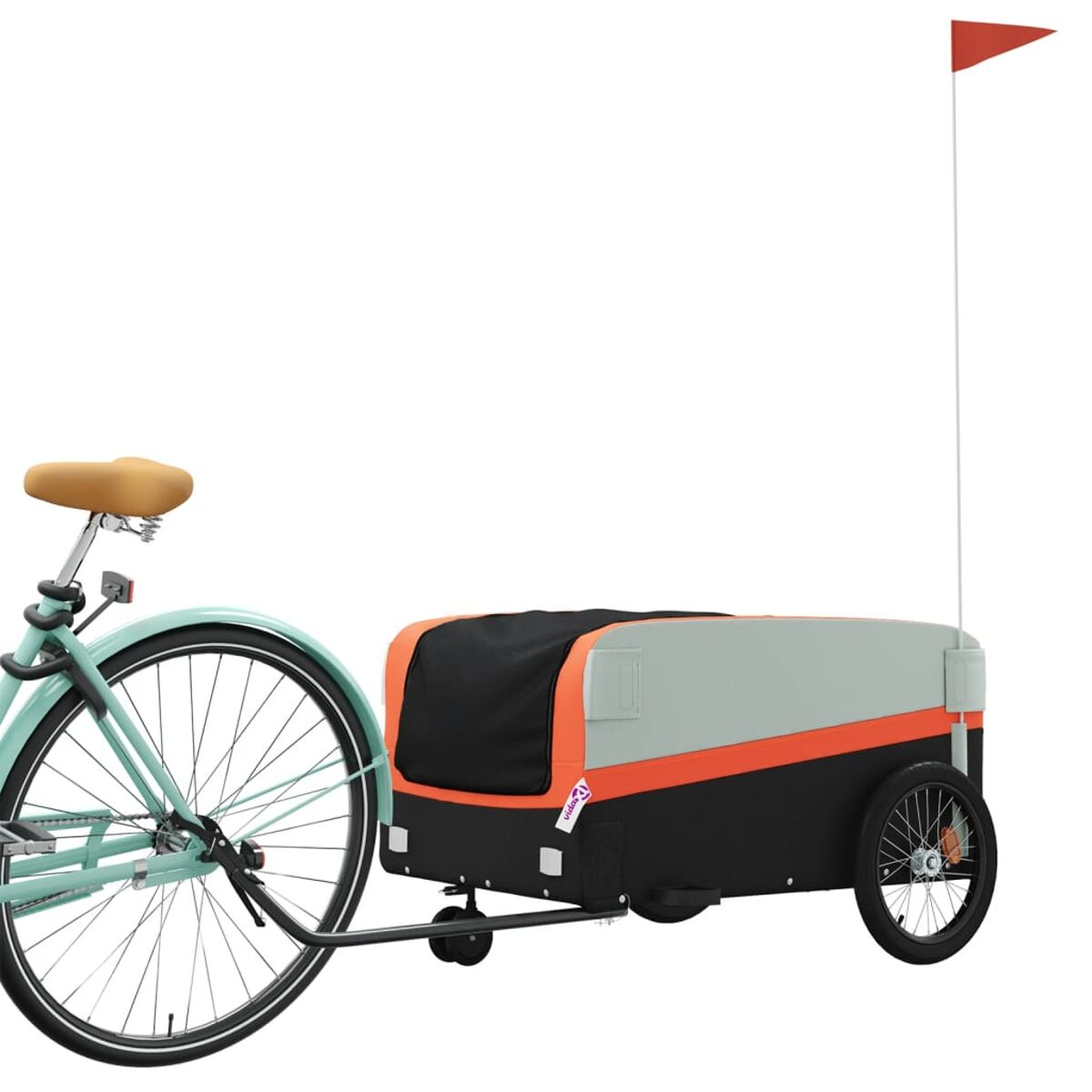 Ein Fahrrad mit einem grau-schwarzen Anhänger. Der Anhänger hat eine rote Fahne.