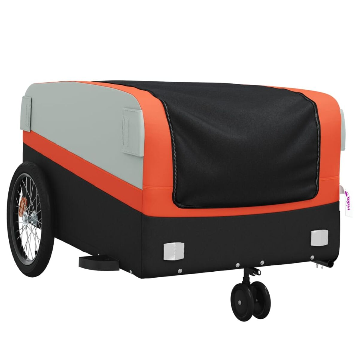 Fahrradanhänger. Schwarz, orange und grau. Zwei Räder, eine Anhängerkupplung und eine schwarze Abdeckung.