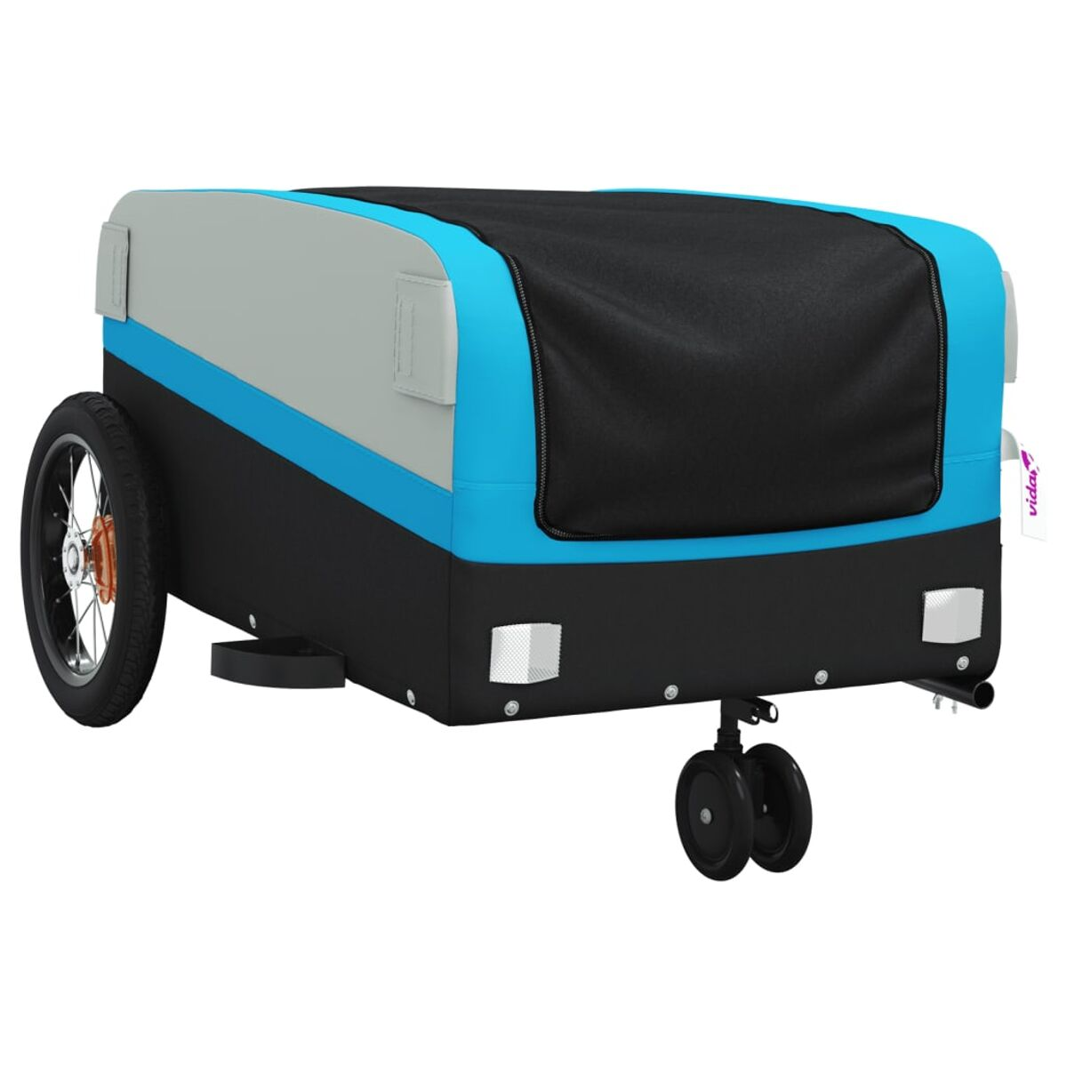 Ein blau-schwarzer Anhänger mit Rad und kleinen Rädern.