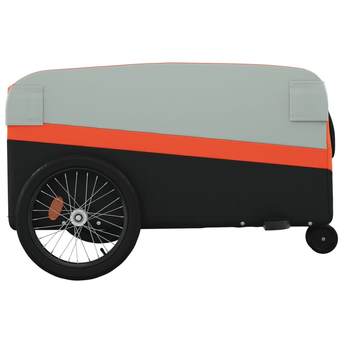 Ein grauer und schwarzer Anhänger mit orangefarbenem Streifen und einem schwarzen Rad.