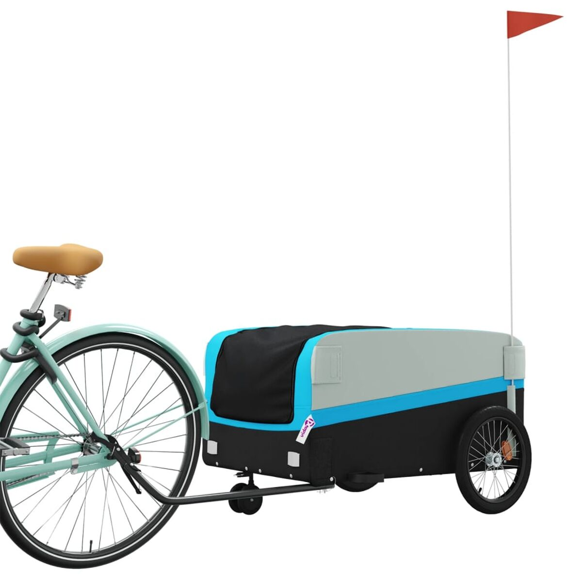 Fahrrad zieht Anhänger mit Flagge und Hund darin.