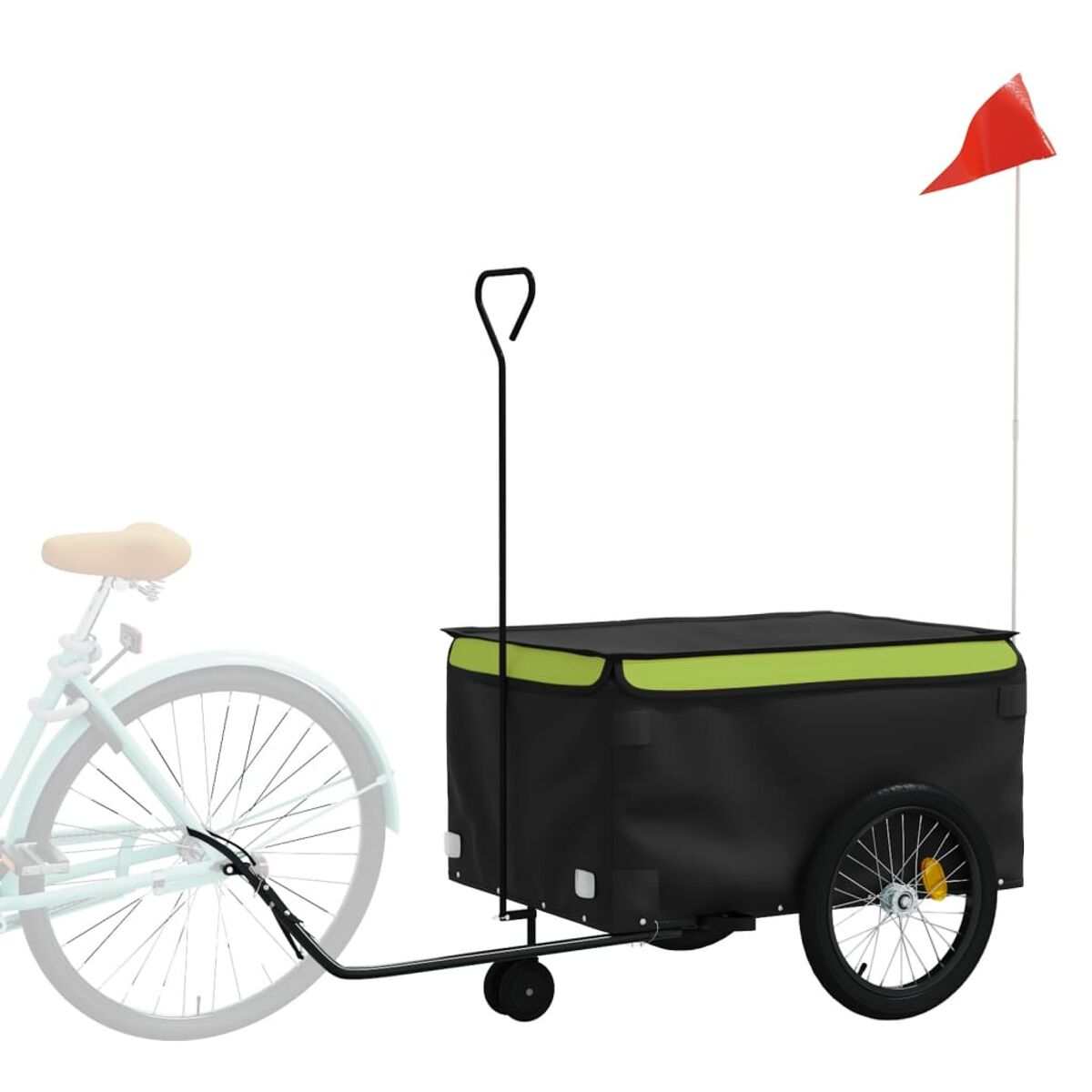 Fahrradanhänger an einem Fahrrad befestigt. Schwarzer und grüner Stoff, rote Fahne.