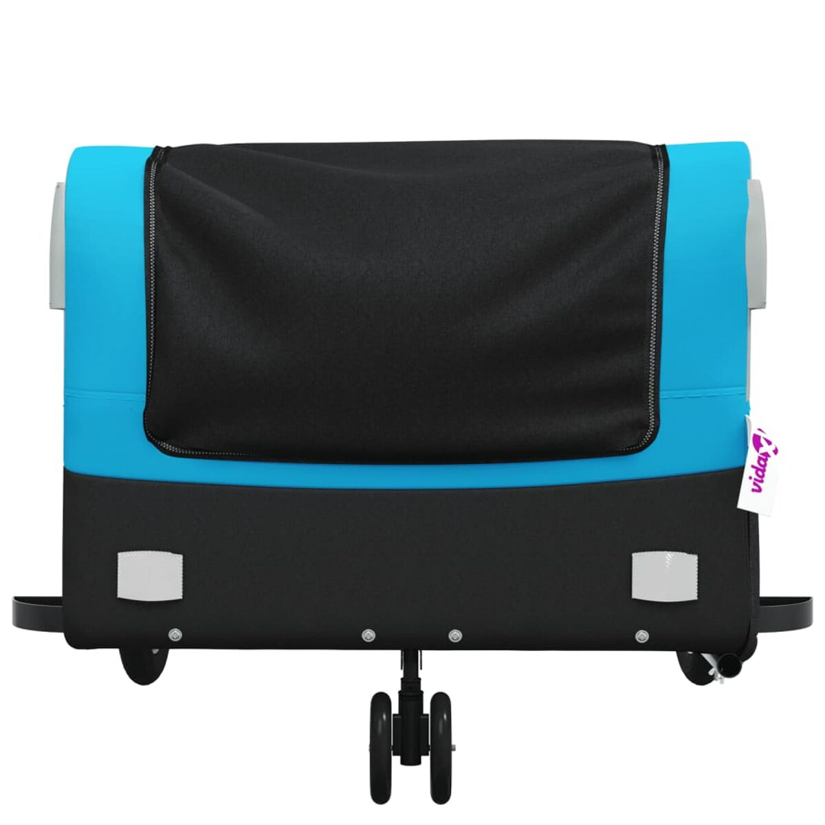 Ein blauer und schwarzer Kinderwagen mit Rädern.