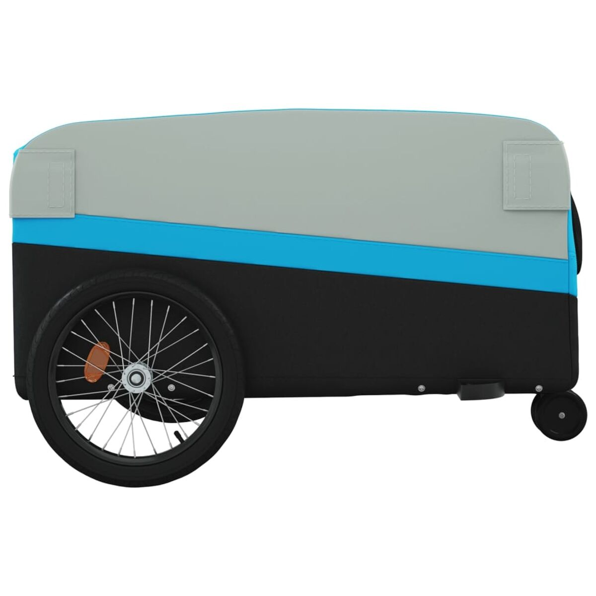 Ein Fahrradanhänger in Schwarz, Grau und Blau. Er hat ein Rad auf der linken Seite.