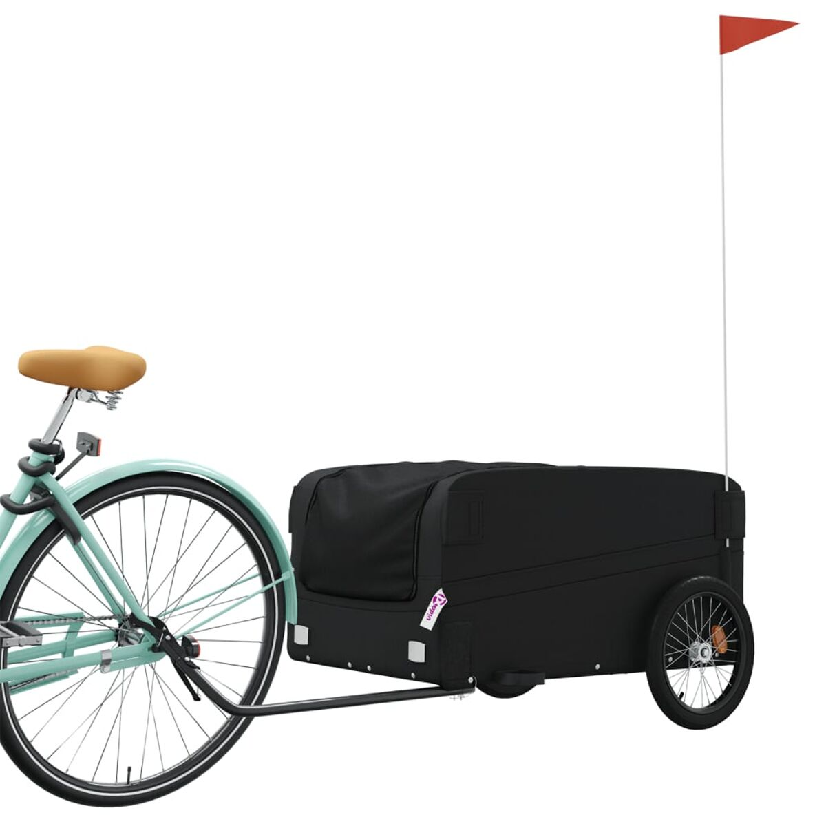 Ein Fahrrad mit einem schwarzen Anhänger. Eine rote Fahne ist am Anhänger. Weißer Hintergrund.