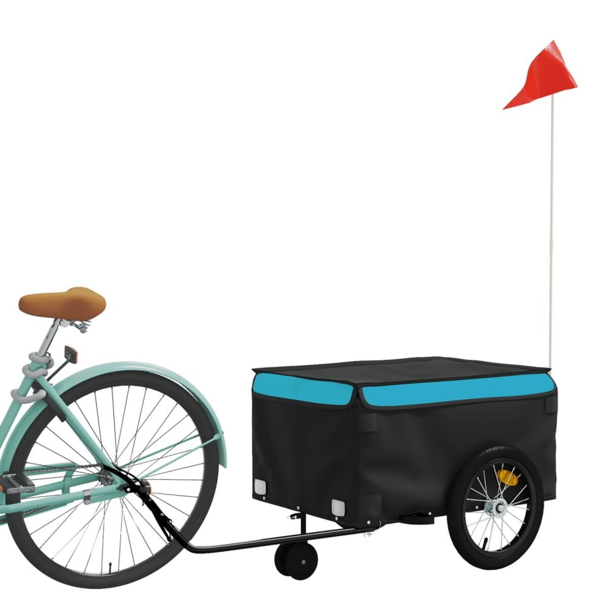 Fahrradanhänger mit roter Flagge an einem Fahrrad befestigt.