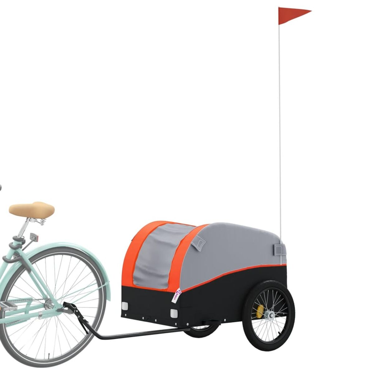 Ein türkisfarbenes Fahrrad, das mit einem schwarzen, roten und grauen Fahrradanhänger verbunden ist.
