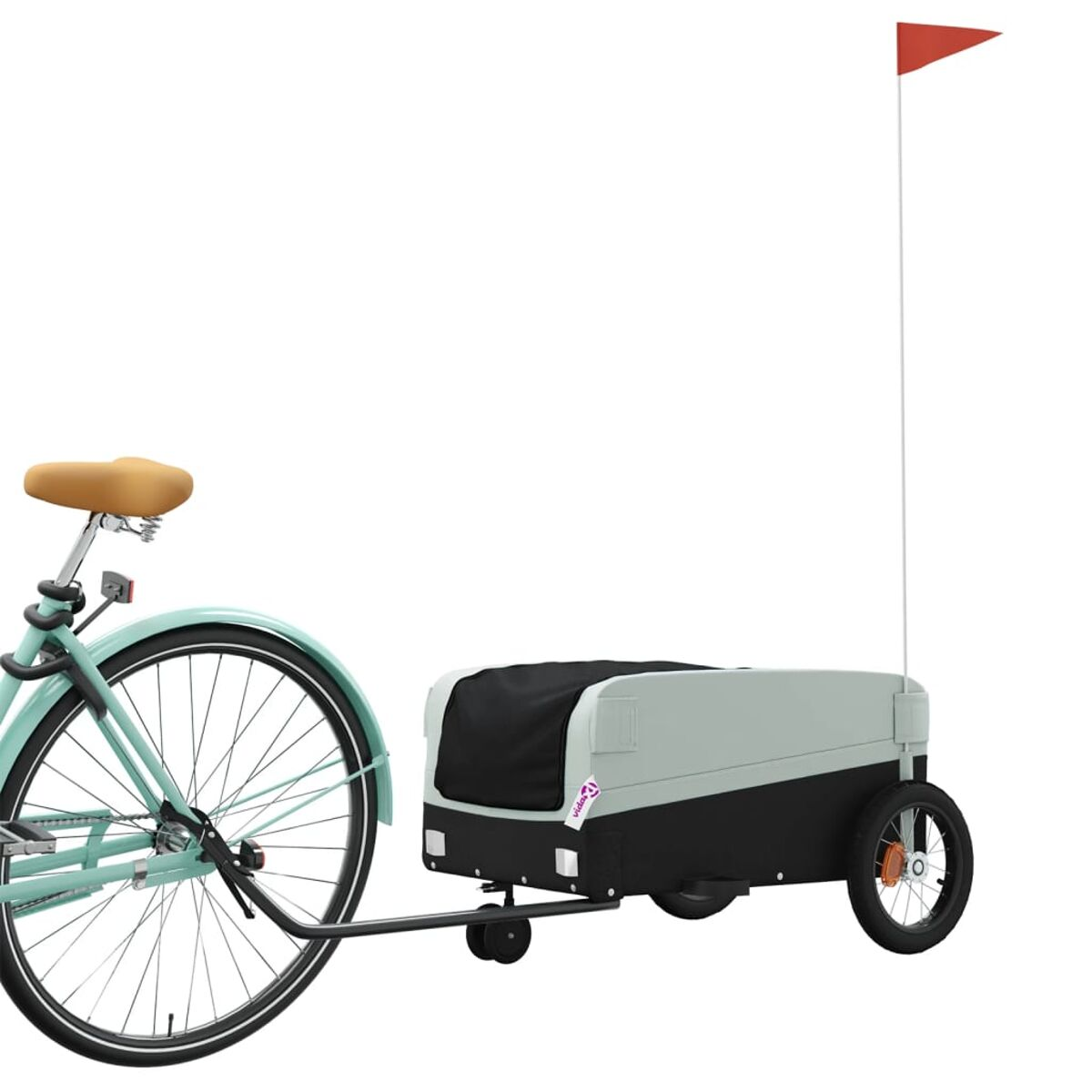 Fahrradanhänger mit schwarzer und hellgrauer Box. Rote Flagge und Fahrrad.