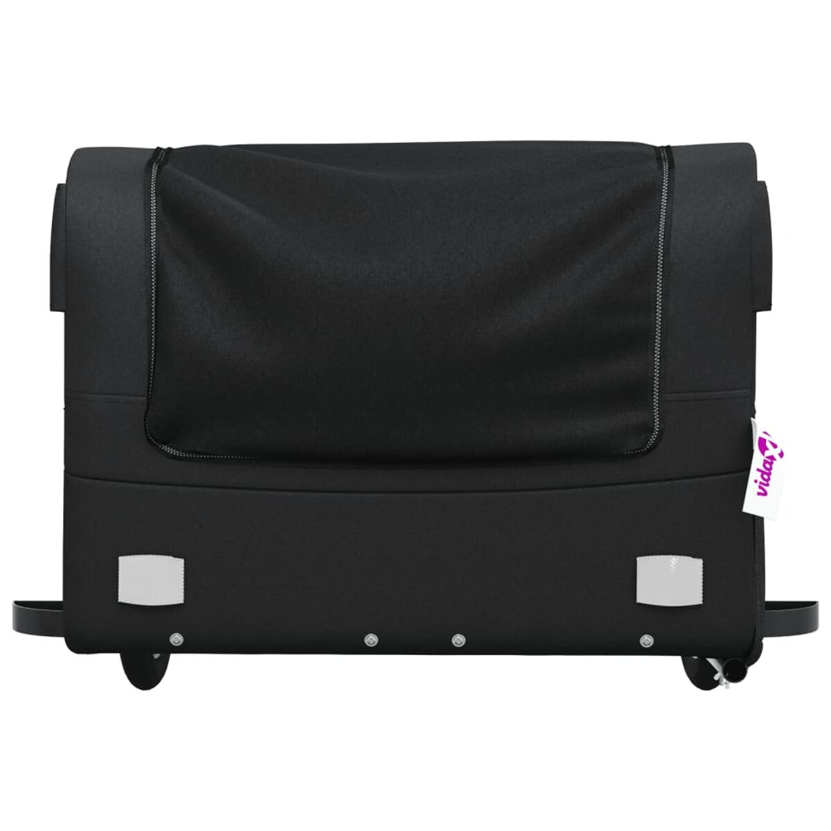 Schwarzer Kinderwagen geschlossen. Mit Rädern und zwei weißen Clips.
