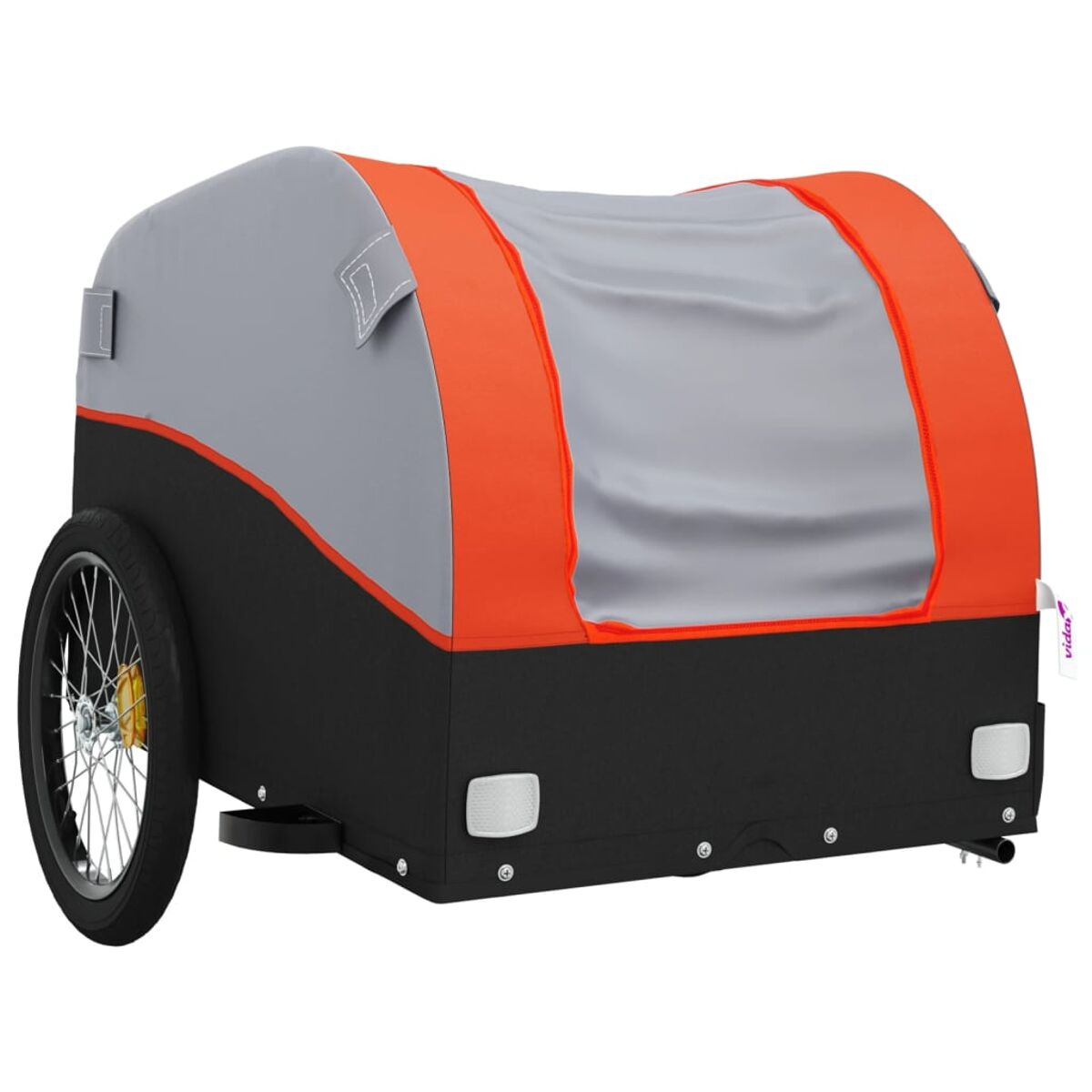Ein Kinderfahrradanhänger in Grau, Schwarz und Orange. Es ist ein Rad sichtbar. Der Hintergrund ist weiß.