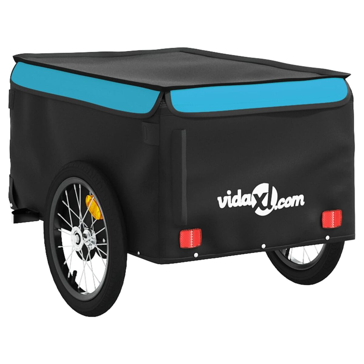 Schwarz-blauer Fahrradanhänger mit Logo an der Seite, Rückansicht.