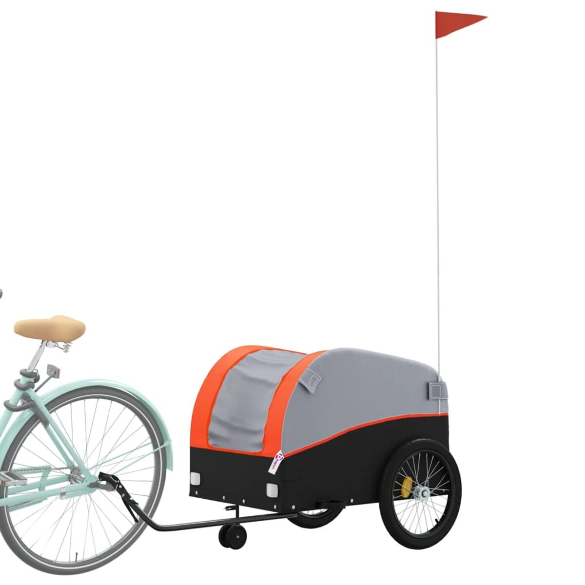 Ein Fahrrad zieht einen grau-schwarzen Anhänger mit orangefarbenen Akzenten und einer roten Flagge.