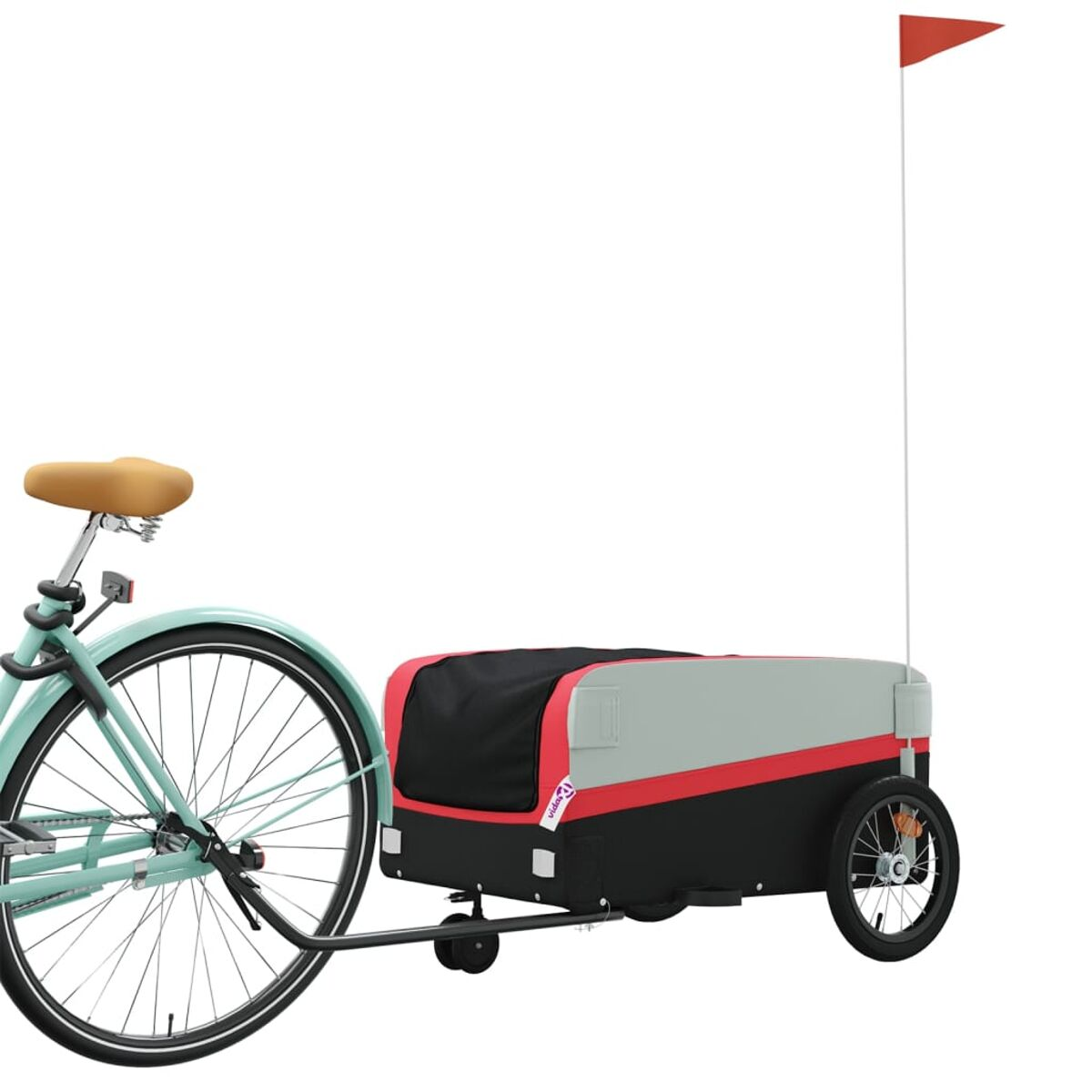 Ein Fahrrad zieht einen Anhänger mit rotem und grauem Design. Eine rote Flagge ist befestigt.