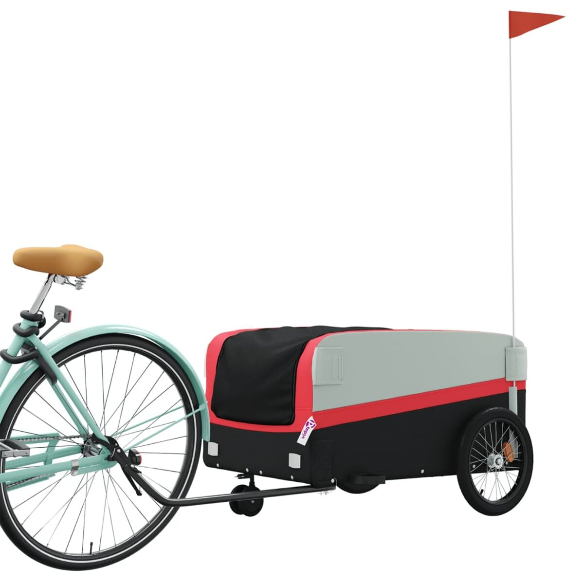 Grüner und grauer Fahrradanhänger mit roter Fahne und hellblauem Fahrrad.