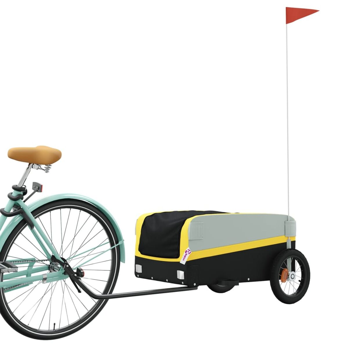 Ein Fahrrad zieht einen schwarz-grauen Anhänger mit gelbem Streifen und roter Flagge. Das Fahrrad ist hellblau.