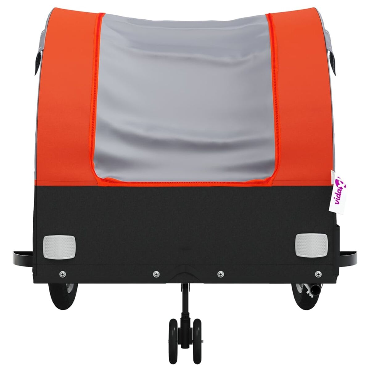 Fahrradanhänger, orange und schwarz mit grauem Oberteil, von hinten gesehen.