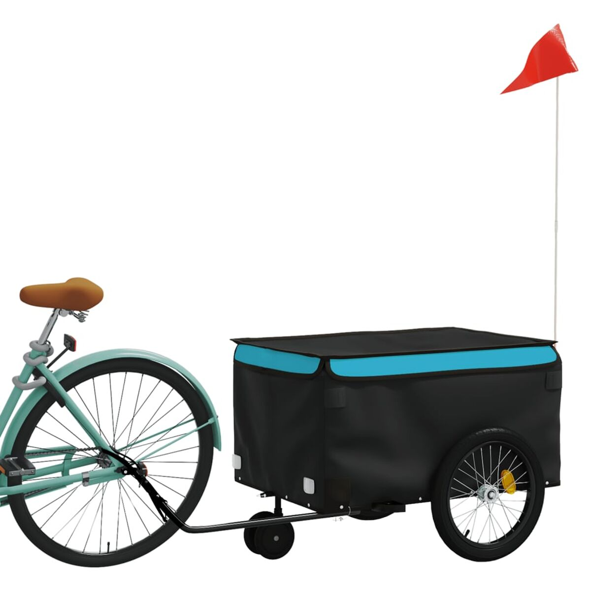 Fahrrad mit Anhänger, rote Fahne. Anhänger hat schwarze und blaue Paneele.