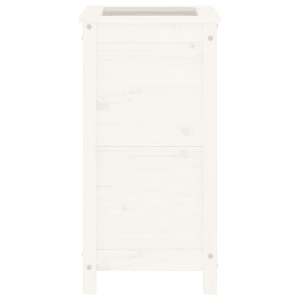 Ein weißer Holzschrank mit zwei Türen und einer Oberseite. Weißer Hintergrund.