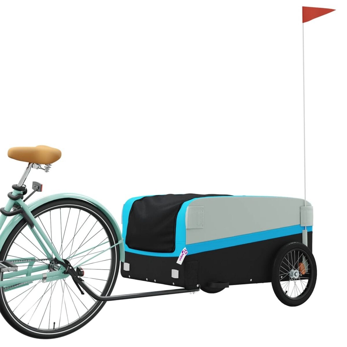 Ein Fahrrad mit Anhänger. Der Anhänger ist grau, blau und schwarz.
