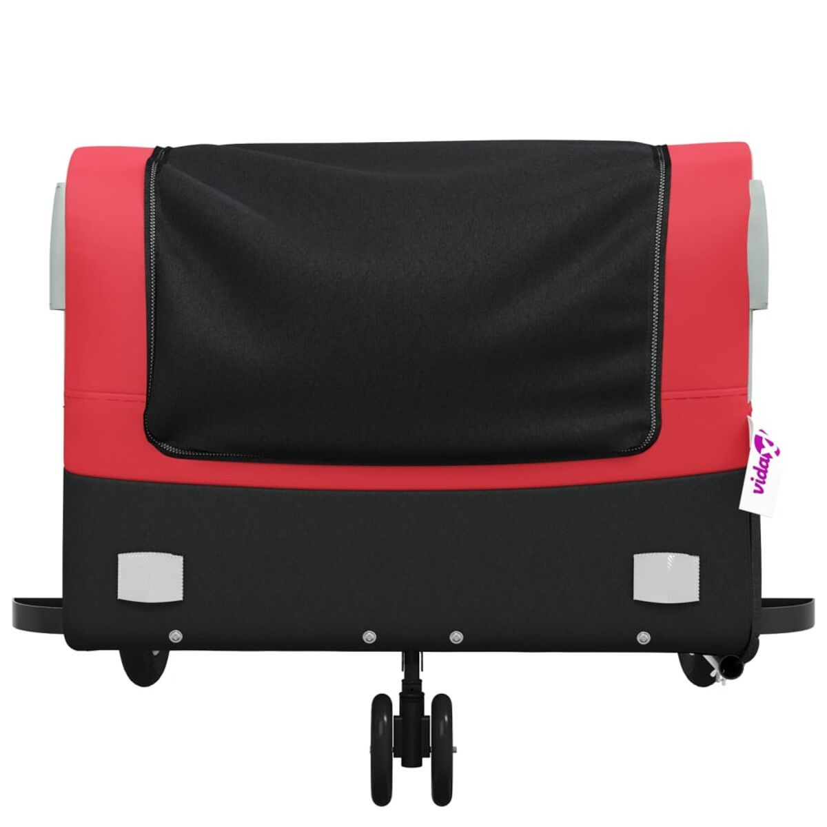 Ein roter und schwarzer Kinderwagen mit schwarzem Netzbezug. Er hat ein Vorderrad und Räder.