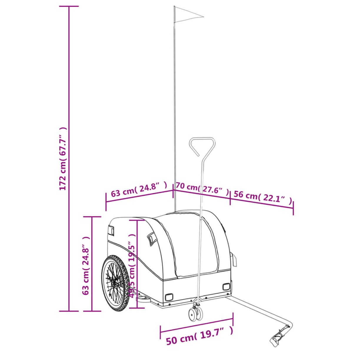 Eine detaillierte Diagramm eines Fahrradanhängers mit Abmessungen und Beschriftungen auf weißem Hintergrund.