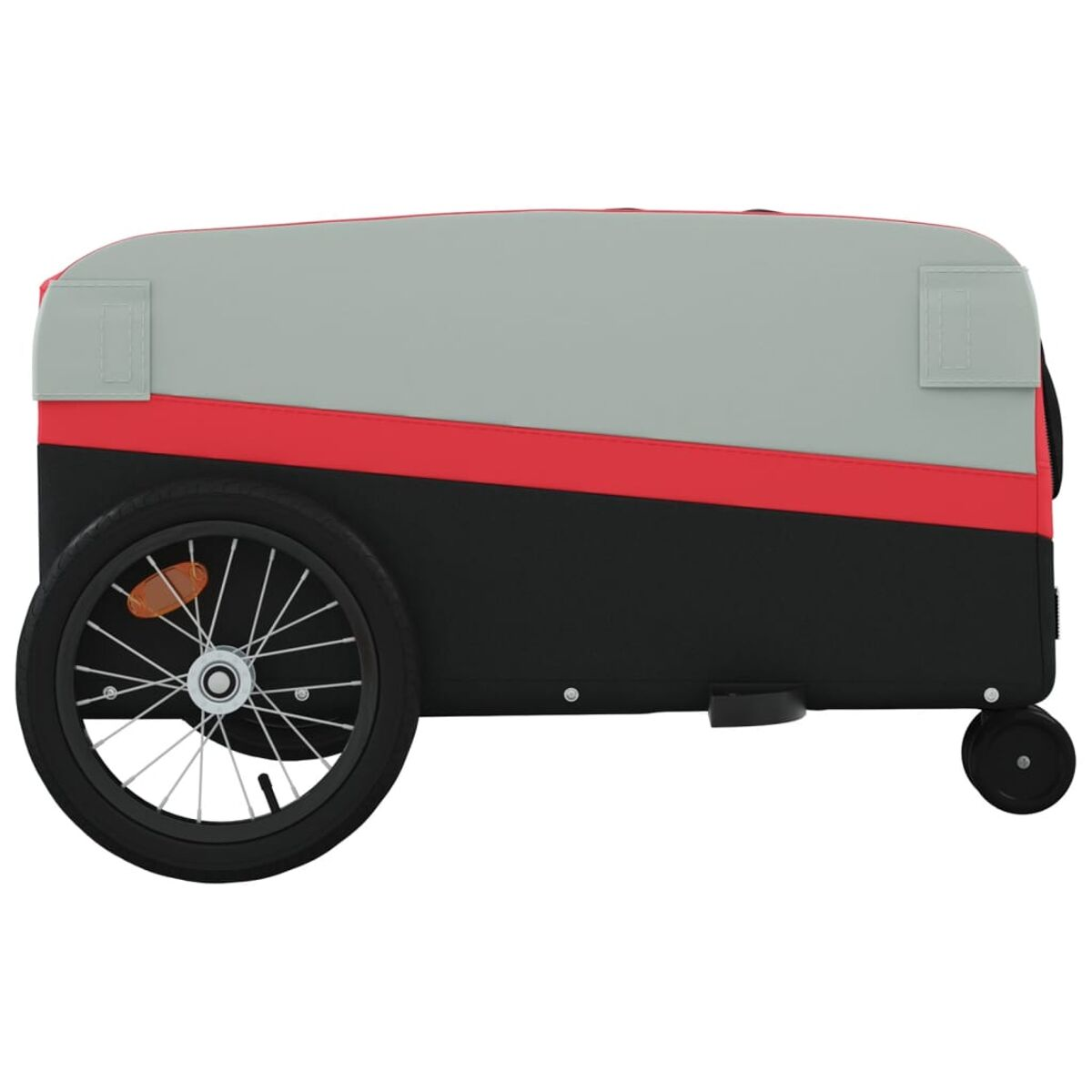 Roter und grauer Fahrradanhänger. Der Anhänger hat ein Rad und ein kleines Rad. Er hat einen roten Streifen.
