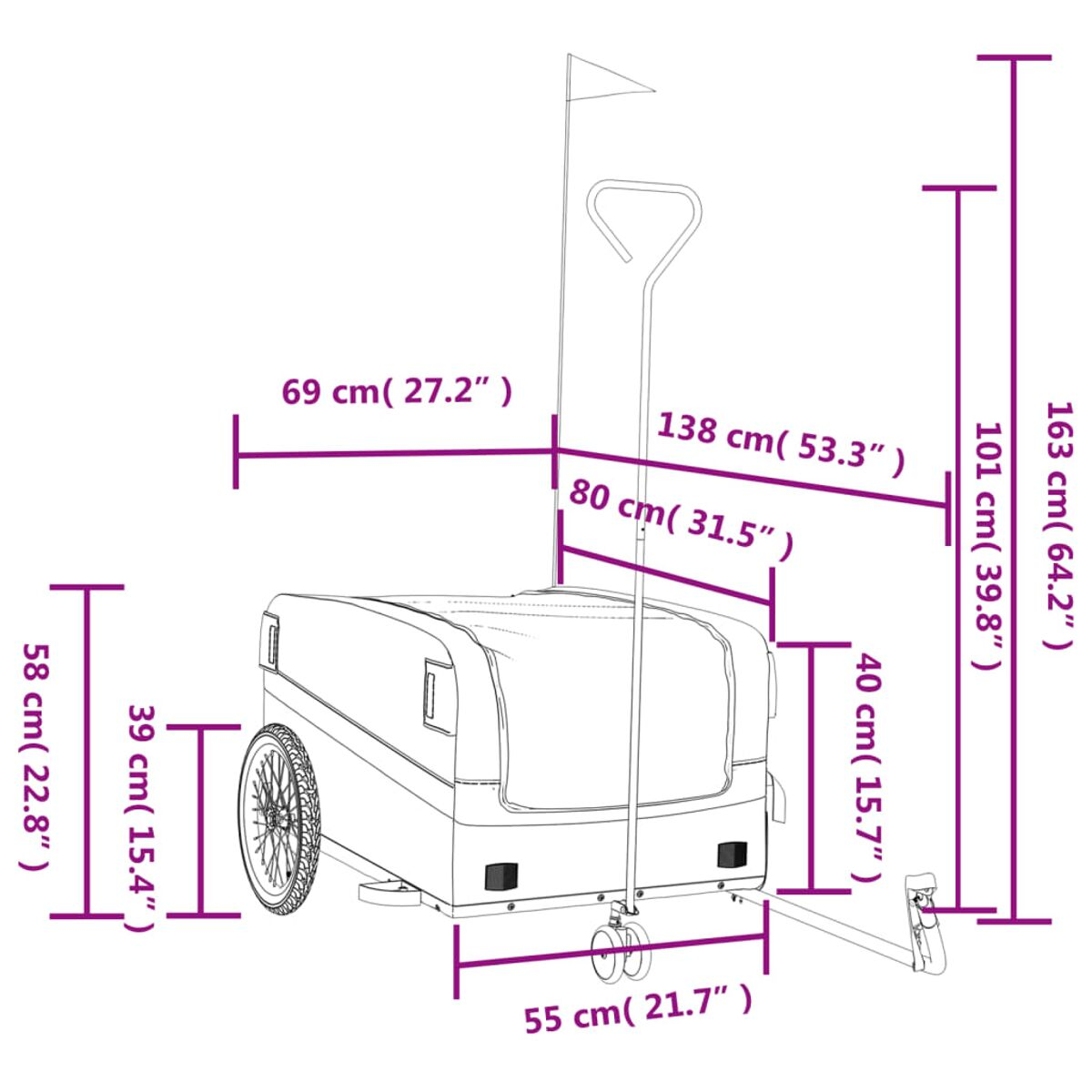 Fahrradanhänger mit Abmessungen. Der Anhänger hat eine Fahne und Räder. Maße in cm/Zoll sind angegeben.