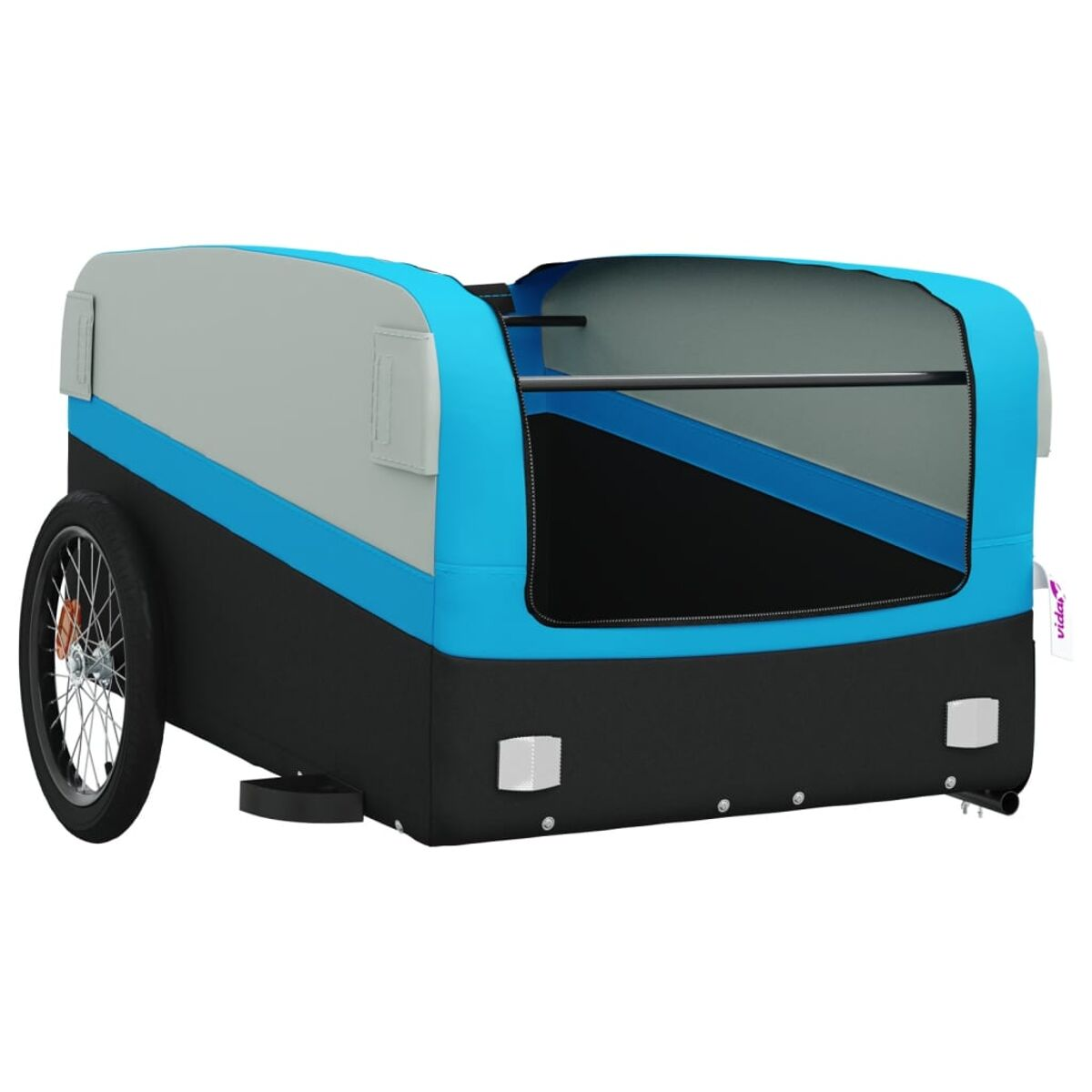 Blau-grauer Fahrradanhänger mit schwarzem Rahmen und einem einzelnen Rad.