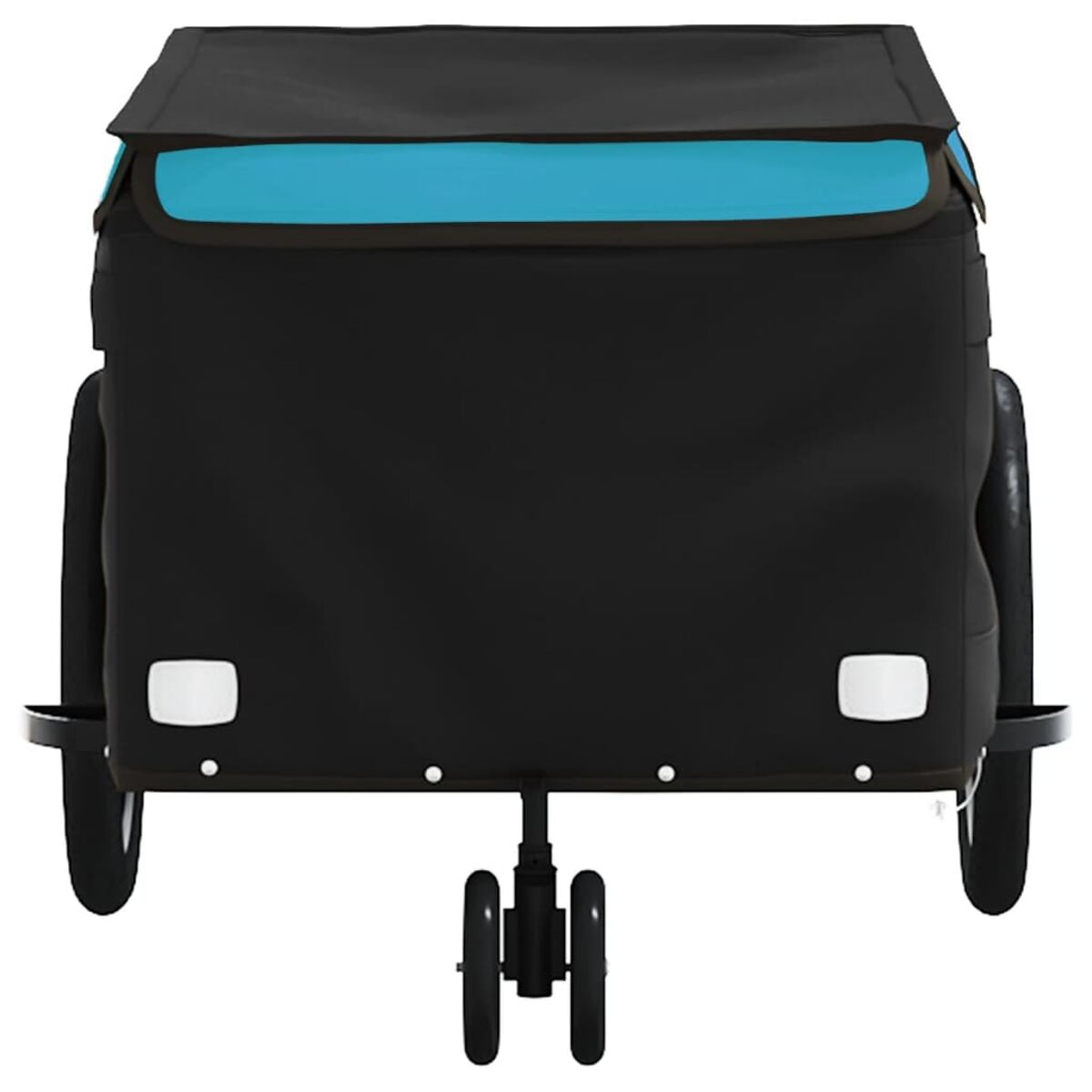 Schwarzer und blauer Anhänger mit Rädern. Schwarze Abdeckung und blaues Oberteil. Rückansicht.