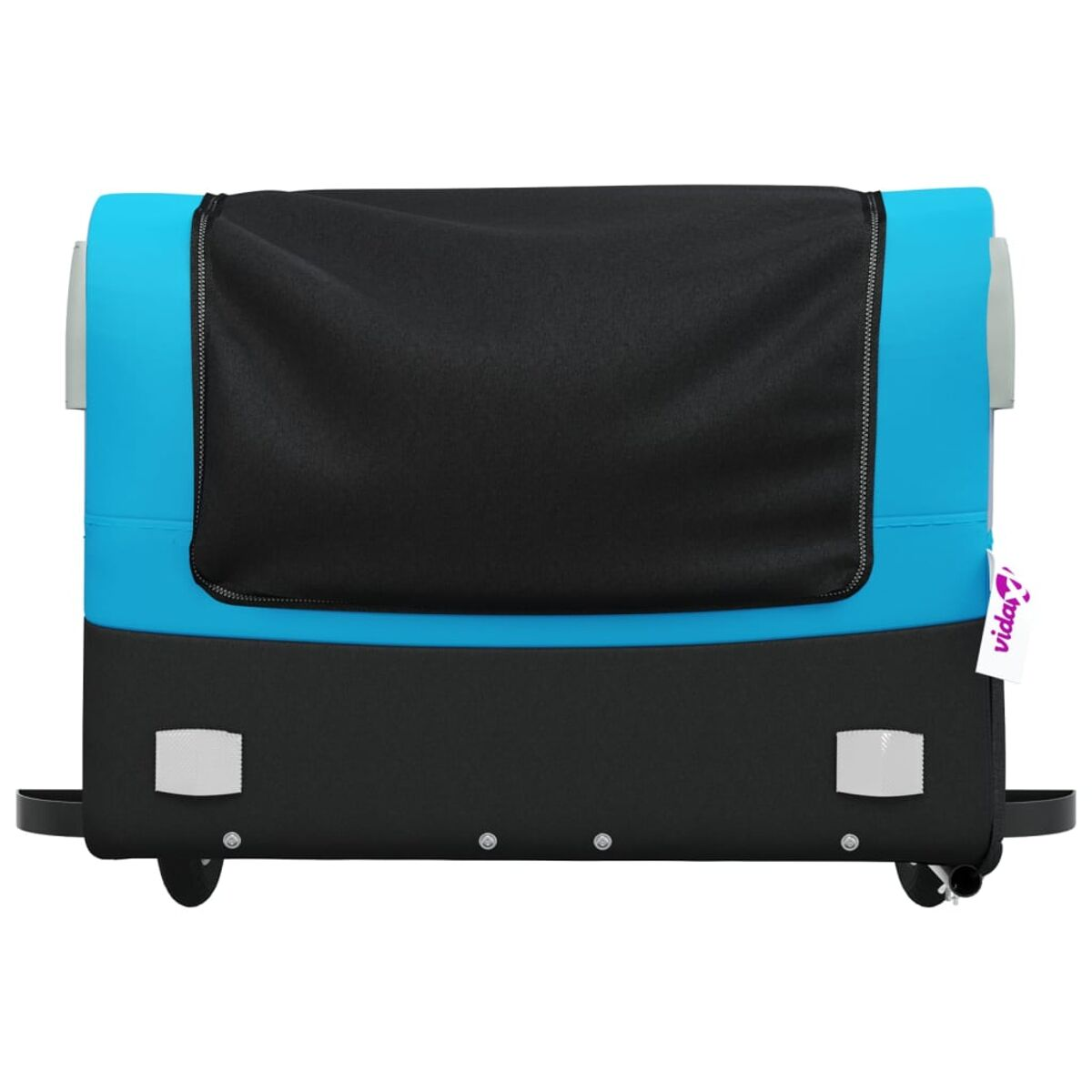 Ein blau-schwarzer Kinderwagen. Er hat Räder und eine schwarze Abdeckung.