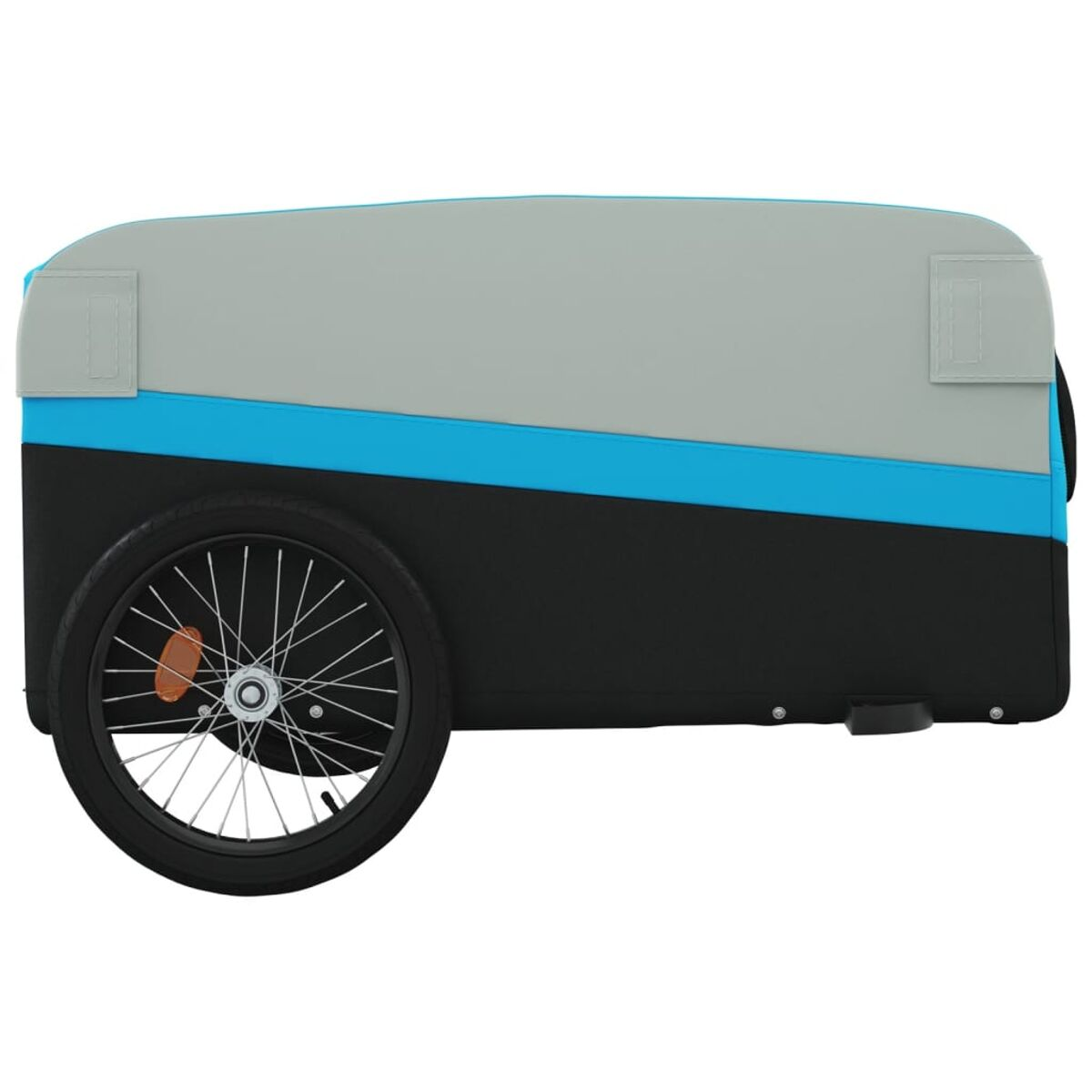 Grau-blauer Fahrradanhänger. Blauer Streifen, schwarze Räder. Geschlossener Raum mit reflektierenden Elementen.