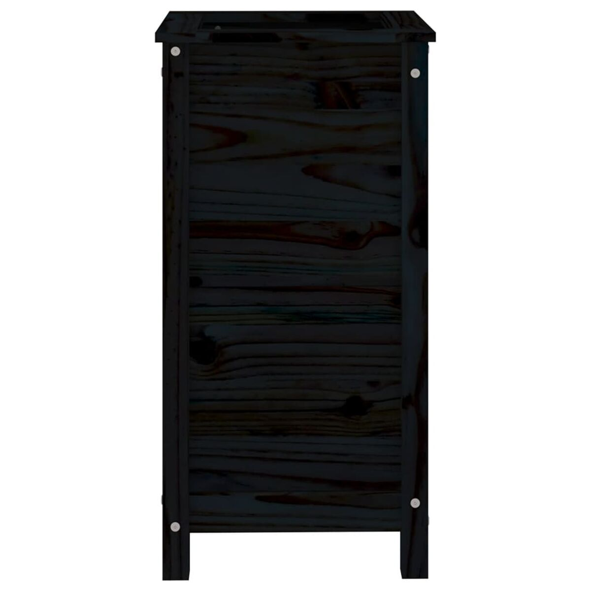 Hoher, schmaler Holzschrank. Dunkles Holz mit vertikalen Lamellen.