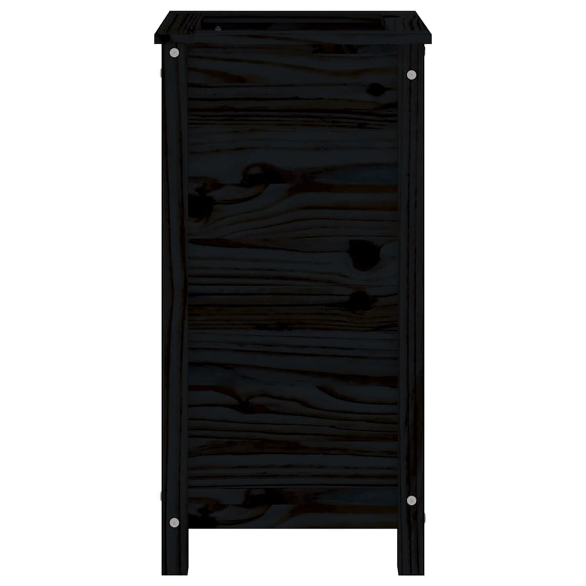 Ein schwarzer Holzschrank mit vertikalem Maserungsmuster. Der Schrank hat sichtbare Schrauben.