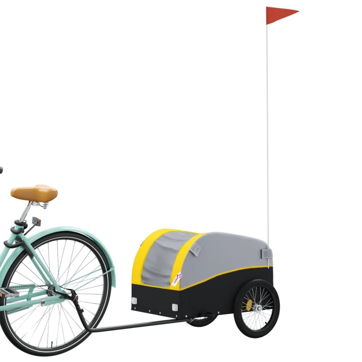 Ein Fahrrad zieht einen Anhänger mit Fahne. Anhänger hat gelbes und graues Gewebe. Fahrrad ist blau.