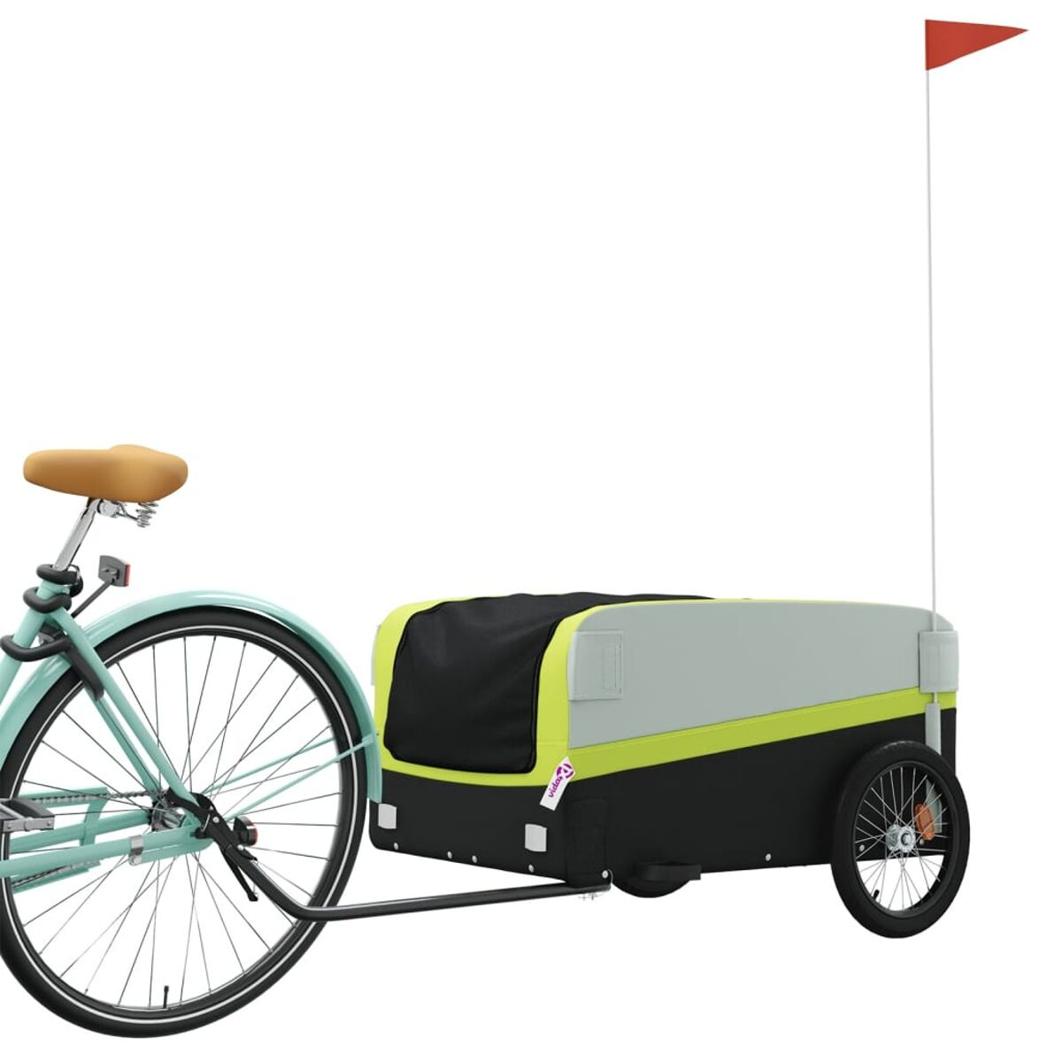 Fahrrad mit Anhänger. Grau-schwarzer Anhänger mit gelben Akzenten. Rote Flagge.