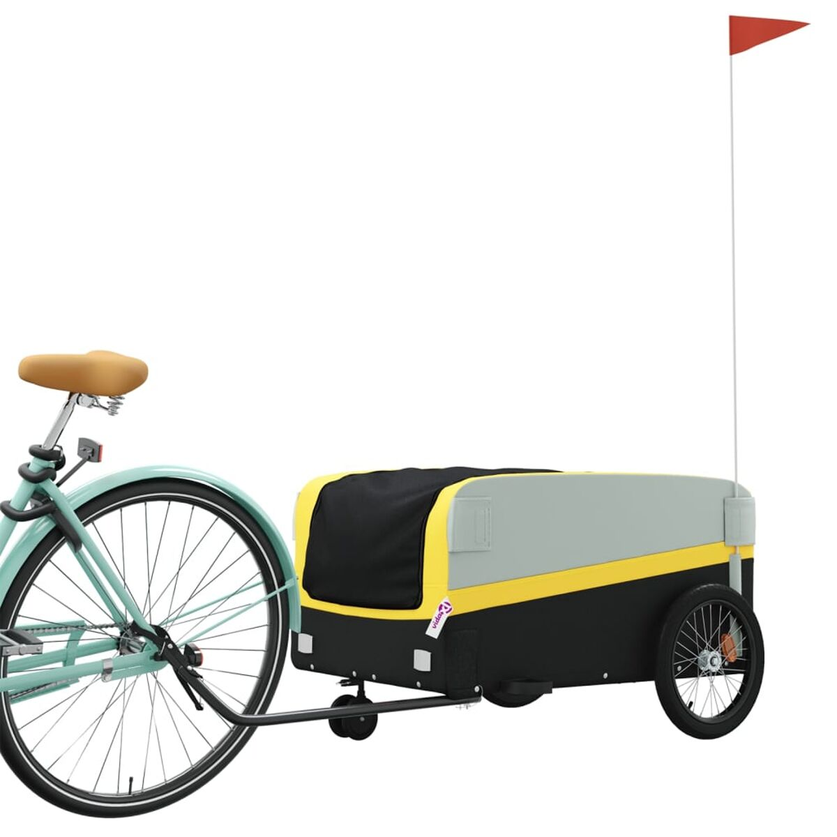 Ein Fahrrad mit Anhänger. Der Anhänger ist schwarz, grau und gelb, mit einer roten Flagge.