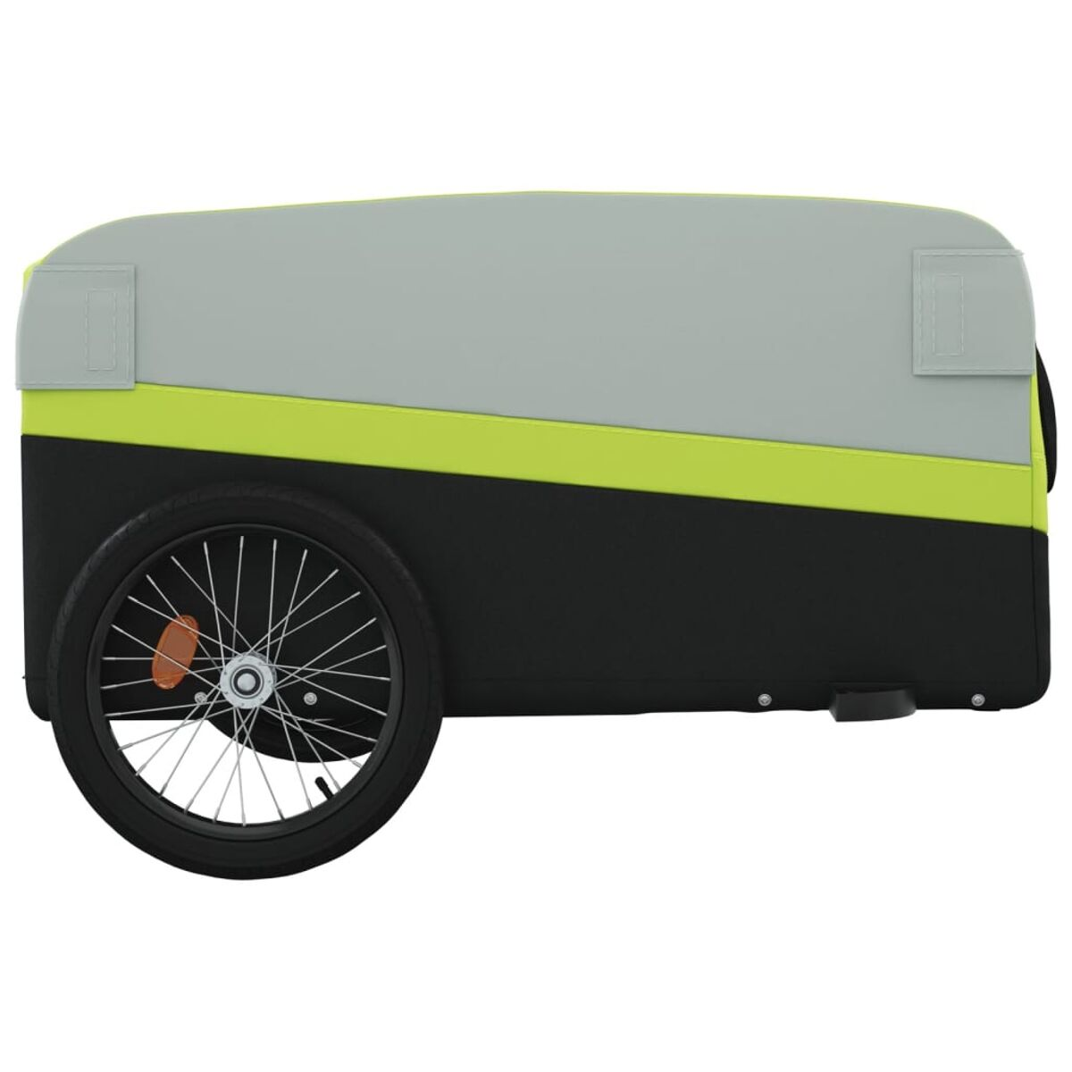 Ein Fahrradanhänger, schwarz und grau, mit einem orangen Streifen und einem einzelnen Rad.